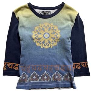 Vintage Fishbone Mandala Boho Design Long Sleeve Blue Women's Small Top